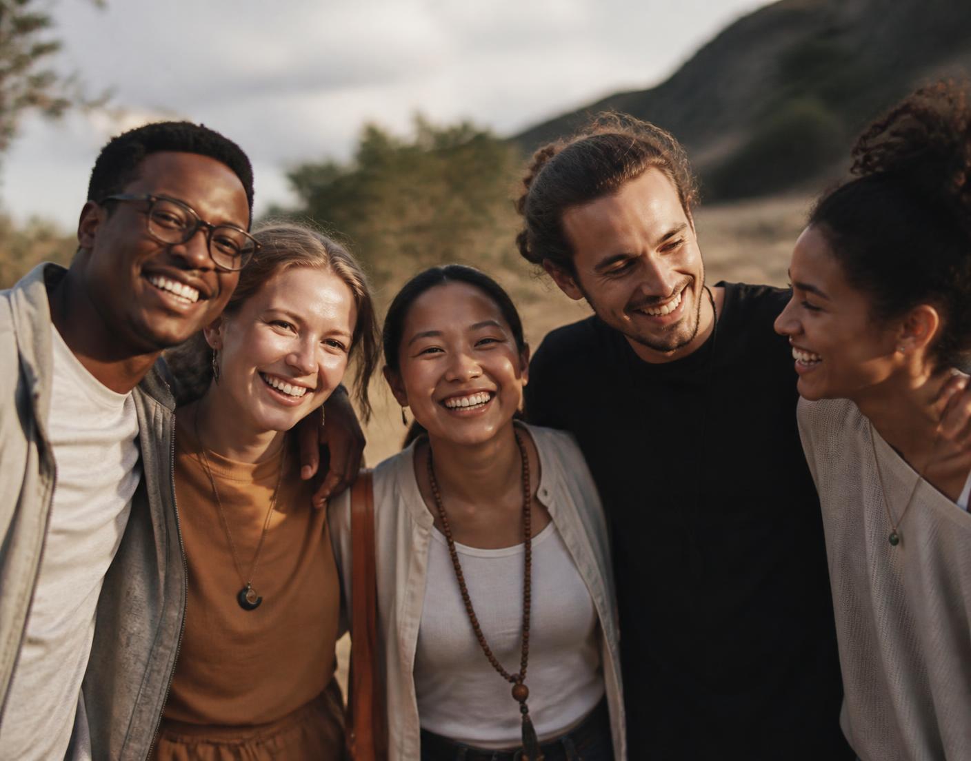 A diverse group of young adults sitting together on the steps of a community centre, talking and laughing