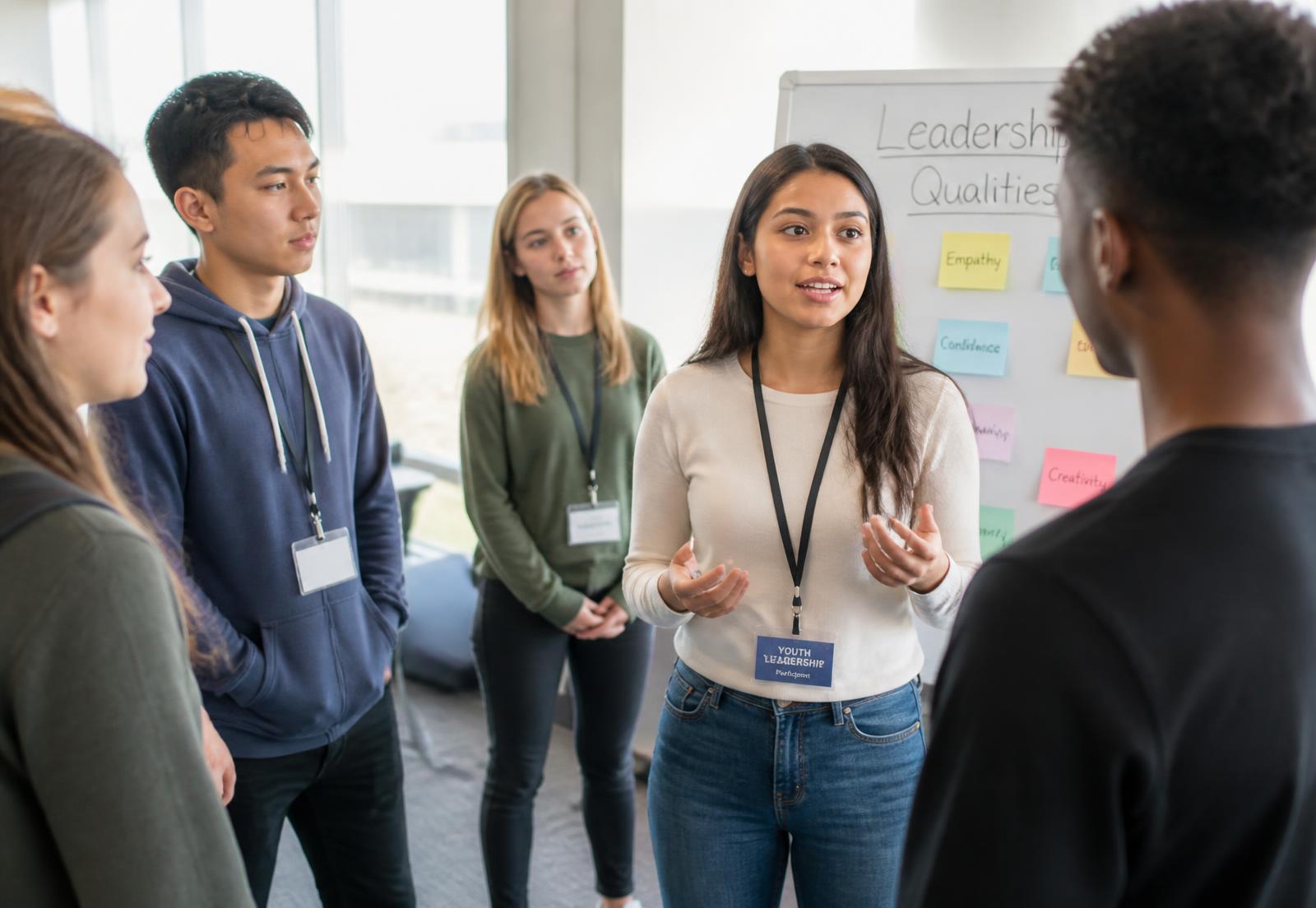 Young people standing in a circle during a leadership workshop, one of them speaking
