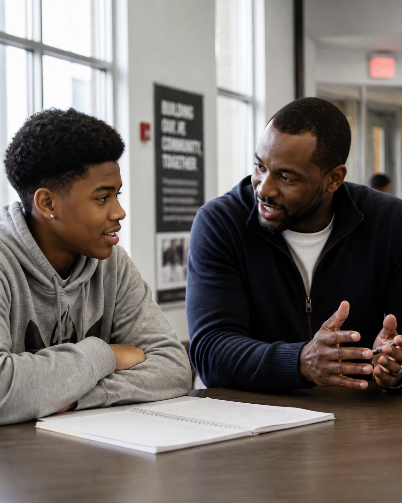 A mentor and a teenage student talking over an open notebook in a bright community centre