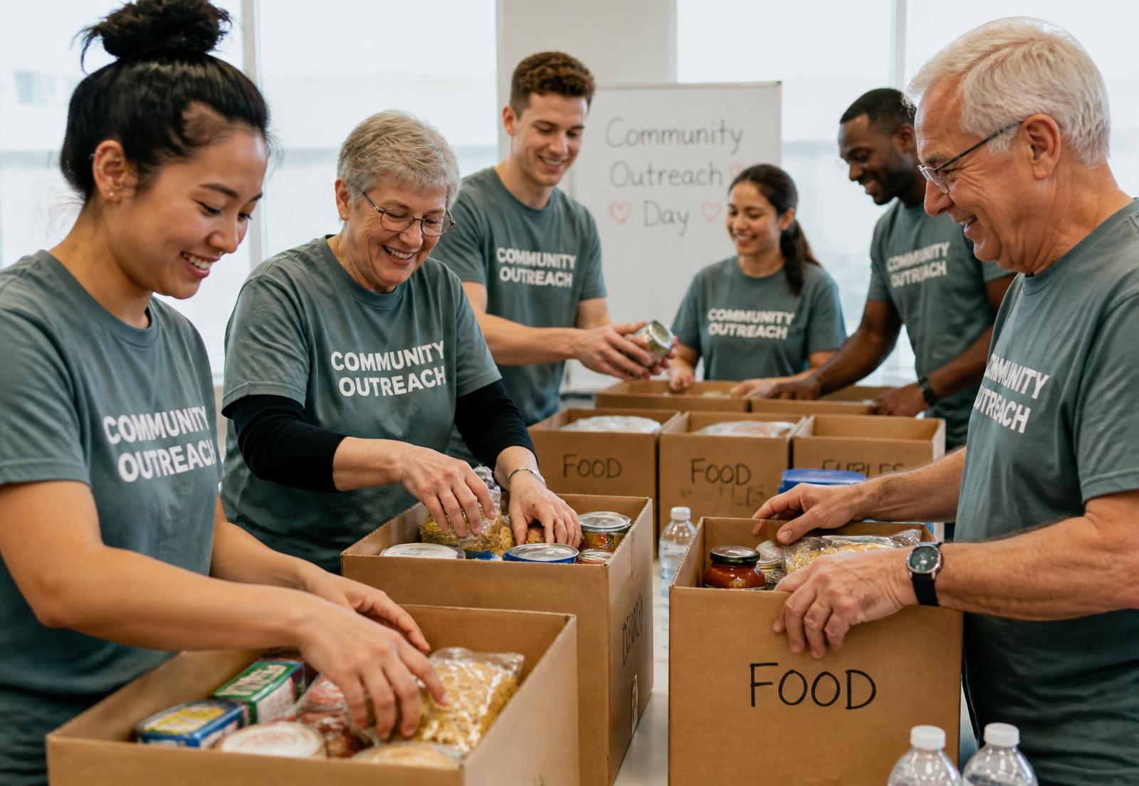 Volunteers packing boxes of food and supplies together at a community outreach day